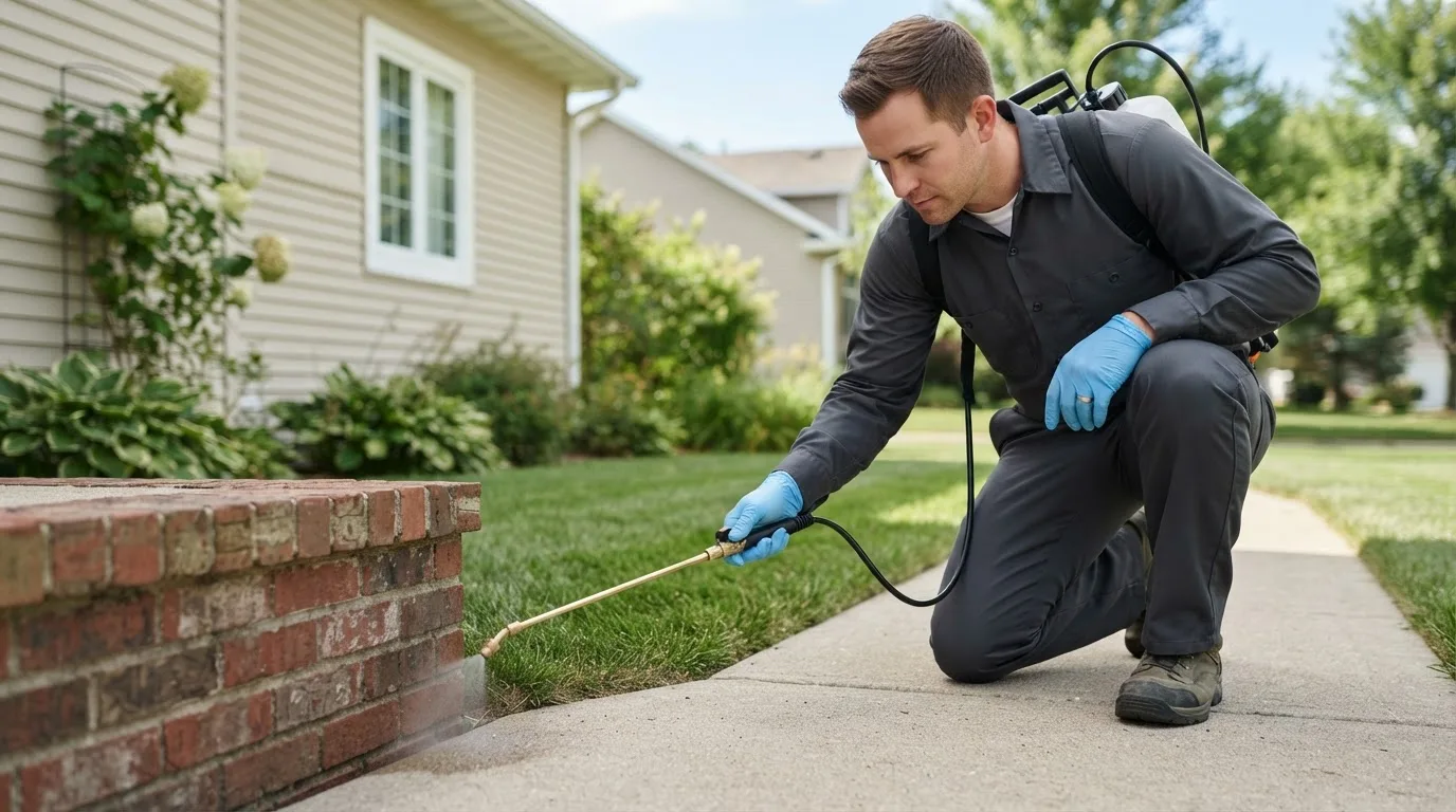 Pest control technician treating a home near Harris, MN